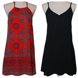 2 Lulus Chiffon Shift Dresses Size S Coral Red Geometric/Black‎ V-Neck Cut-Out